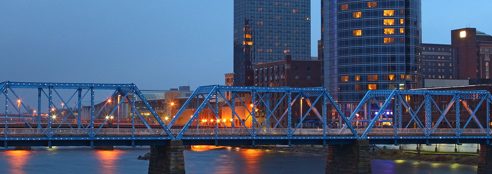 Grand Rapids cityscape by twilight night in Michigan